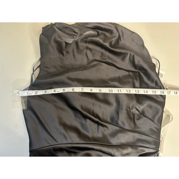 After Six NWT Black One-Shoulder Cat-Eye Neckline Satin Maxi Dress Formal 6 - Picture 7 of 8